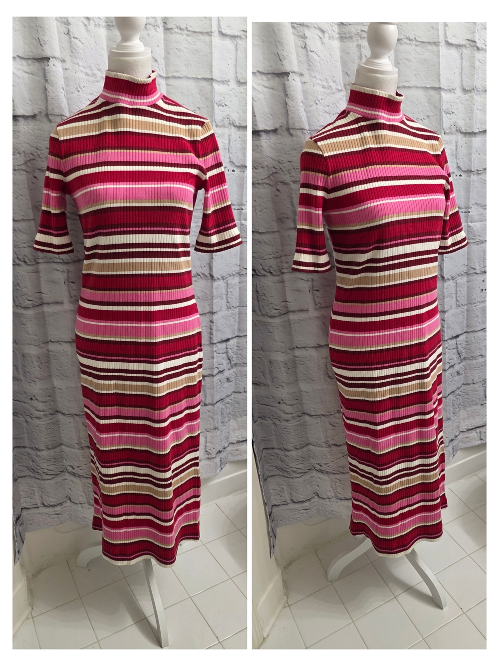 Vineyard Vines Rib Knit Midi Dress Ribbon Stripe Red Pink Size Small